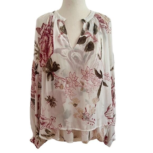 Lucky Brand Floral Sheer Double Layer Long Sleeve Tunic Blouse White Pink Mauve - Picture 1 of 7